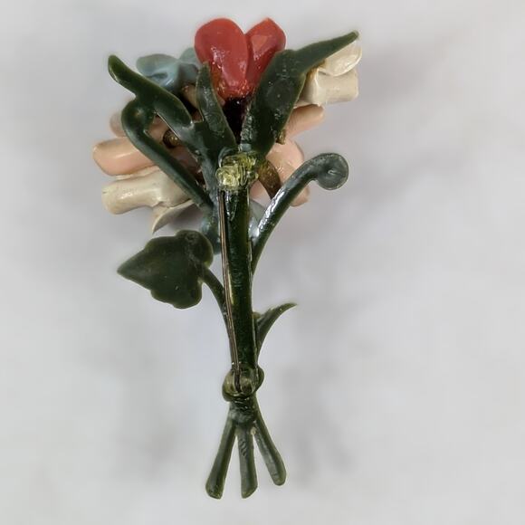 Vintage Floral Bouquet Brooch Porcelain Resin Flower Pin Green Peach Red Blue - Picture 2 of 6